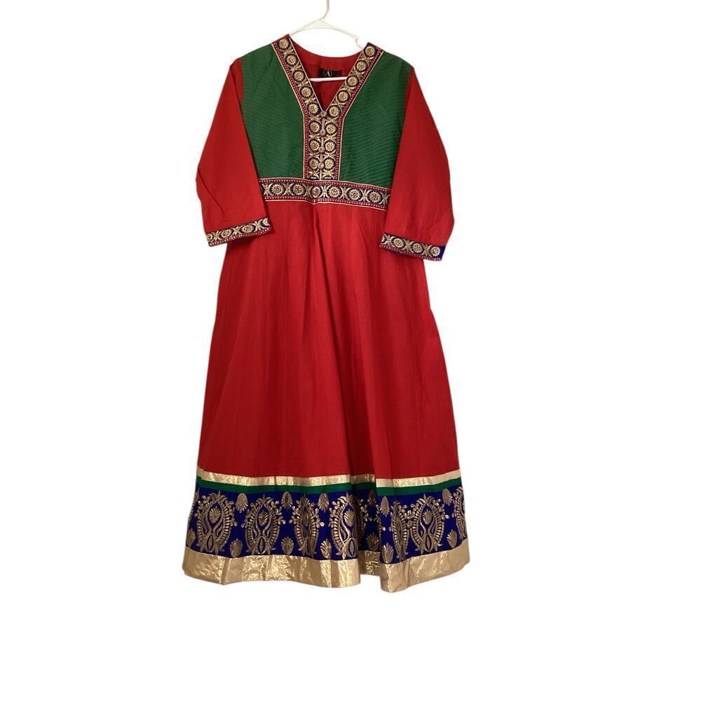 Red Cotton Anarkali churidar Suit With ombre net red Dupatta